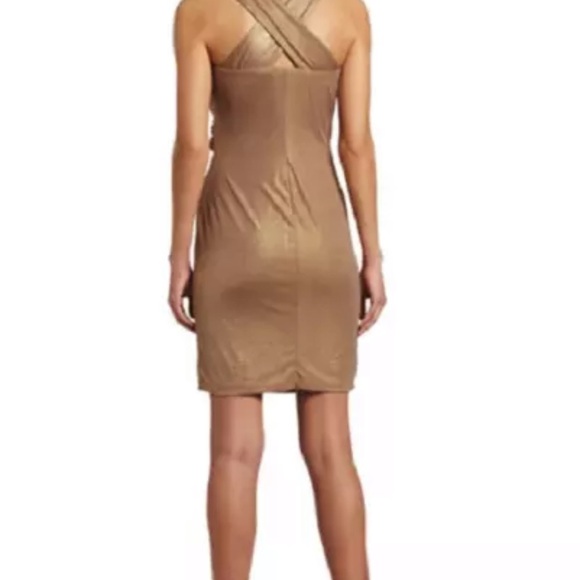 Donna Morgan Shimmery Metallic Gold V Cut Cinched Waist Cocktail Dress Size 2P - Picture 5 of 9